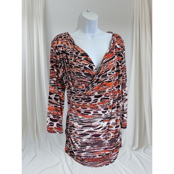 New Directions Top Size L‎ Snake Print Faux Wrap V Neck Side Chinched Blouse - Picture 1 of 14